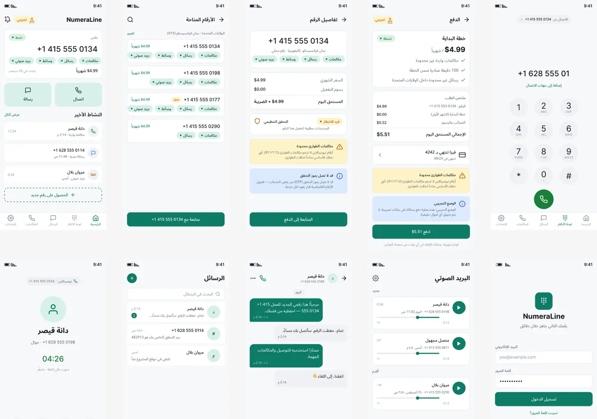 شاشات عربية في Figma: الرئيسية، الأرقام المتاحة، تفاصيل الرقم، الدفع، لوحة الأرقام، مكالمة جارية، الرسائل، محادثة، البريد الصوتي، تسجيل الدخول