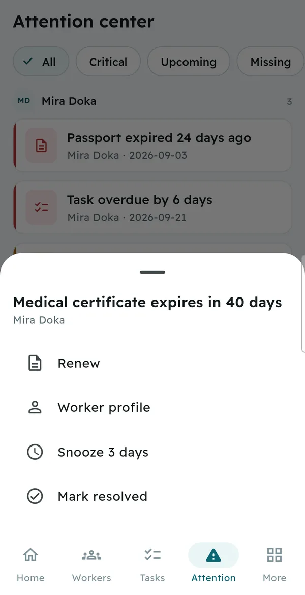 Actions on an alert: renew, open profile, snooze, resolve