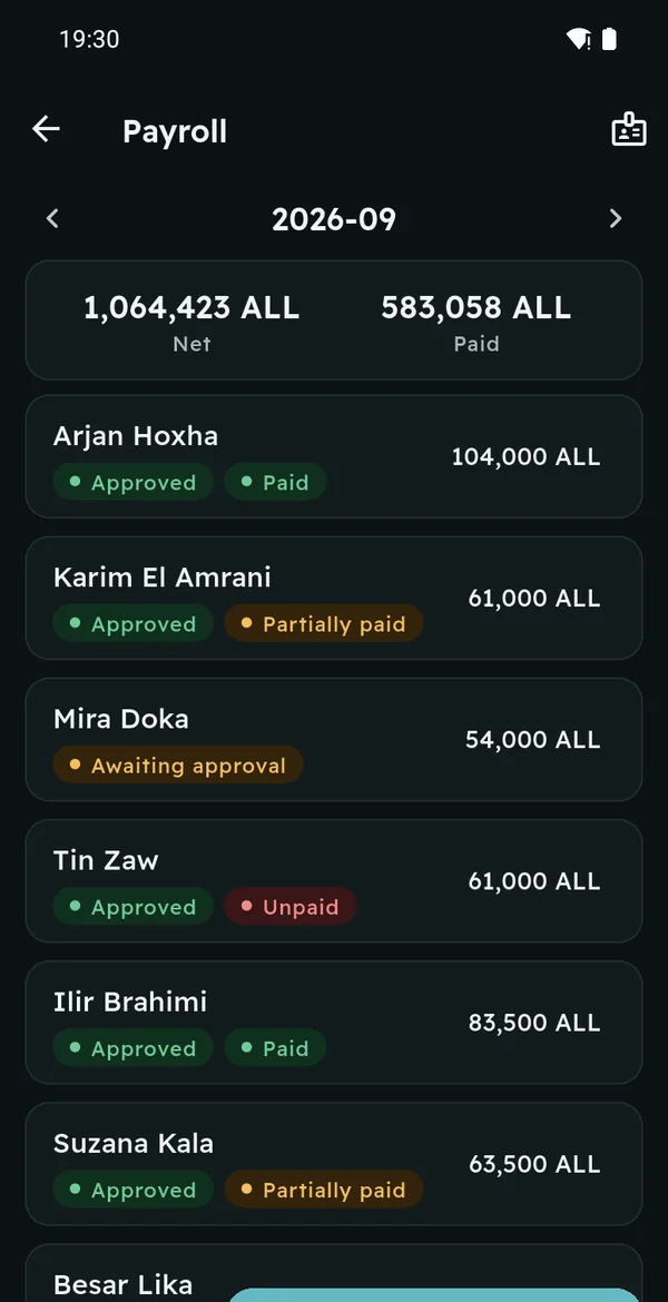 Month payroll with approval and payment status