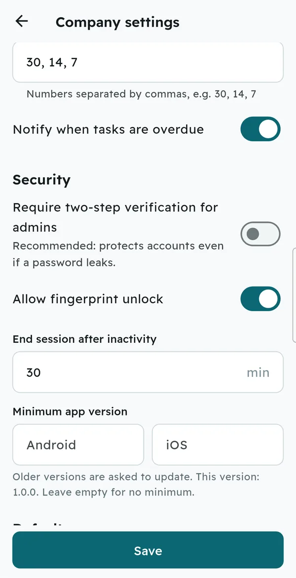 Company security settings