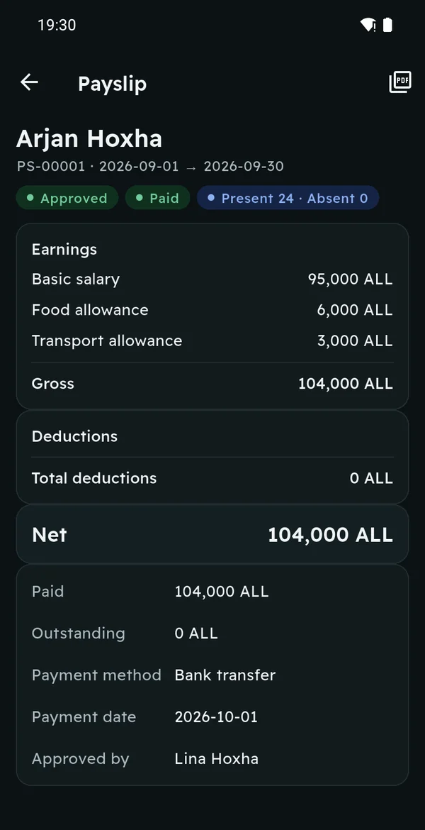 Payslip: earnings, deductions and payment